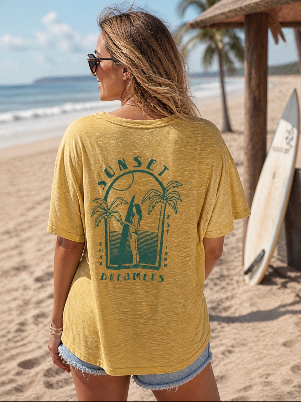Roxy Sunset Dreamers Yellow Oversized Graphic Tee Large